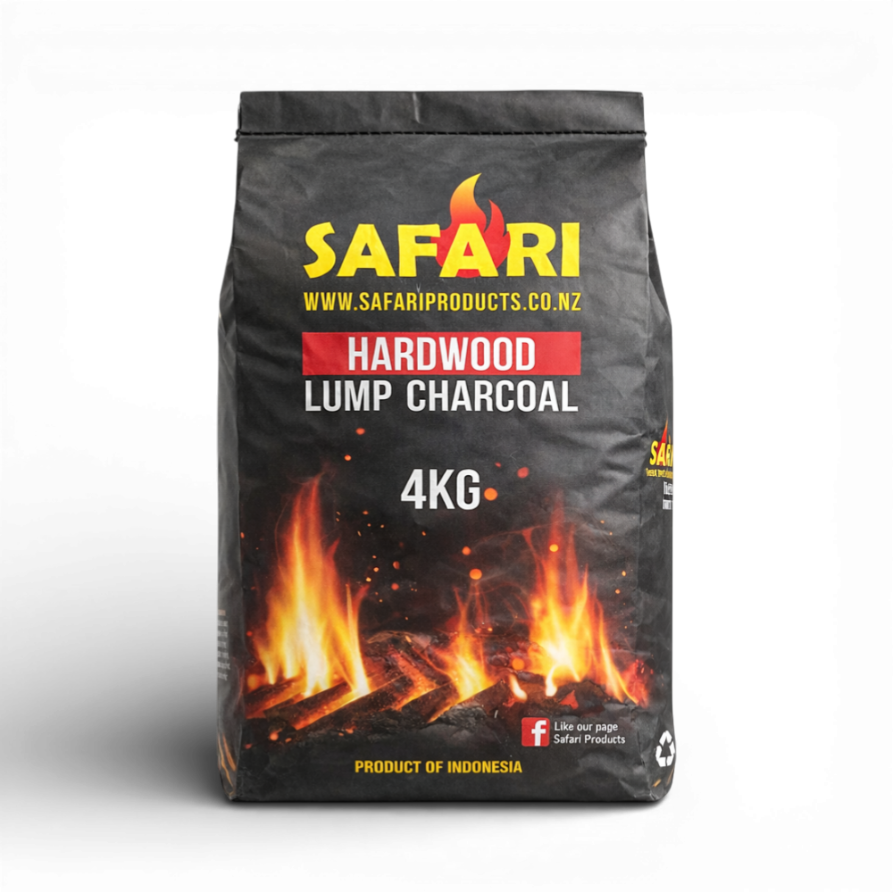 Safari Hardwood Lump Charcoal 4kg bags stacked on pallet for braai and BBQ grilling