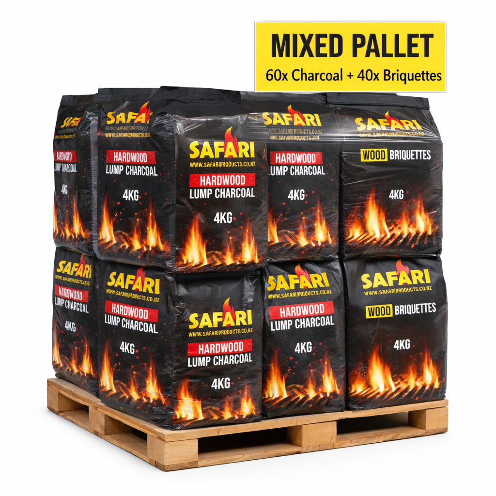 Safari Mixed Pallet with 60 hardwood lump charcoal and 40 wood briquettes bags for grilling and braai enthusiasts
