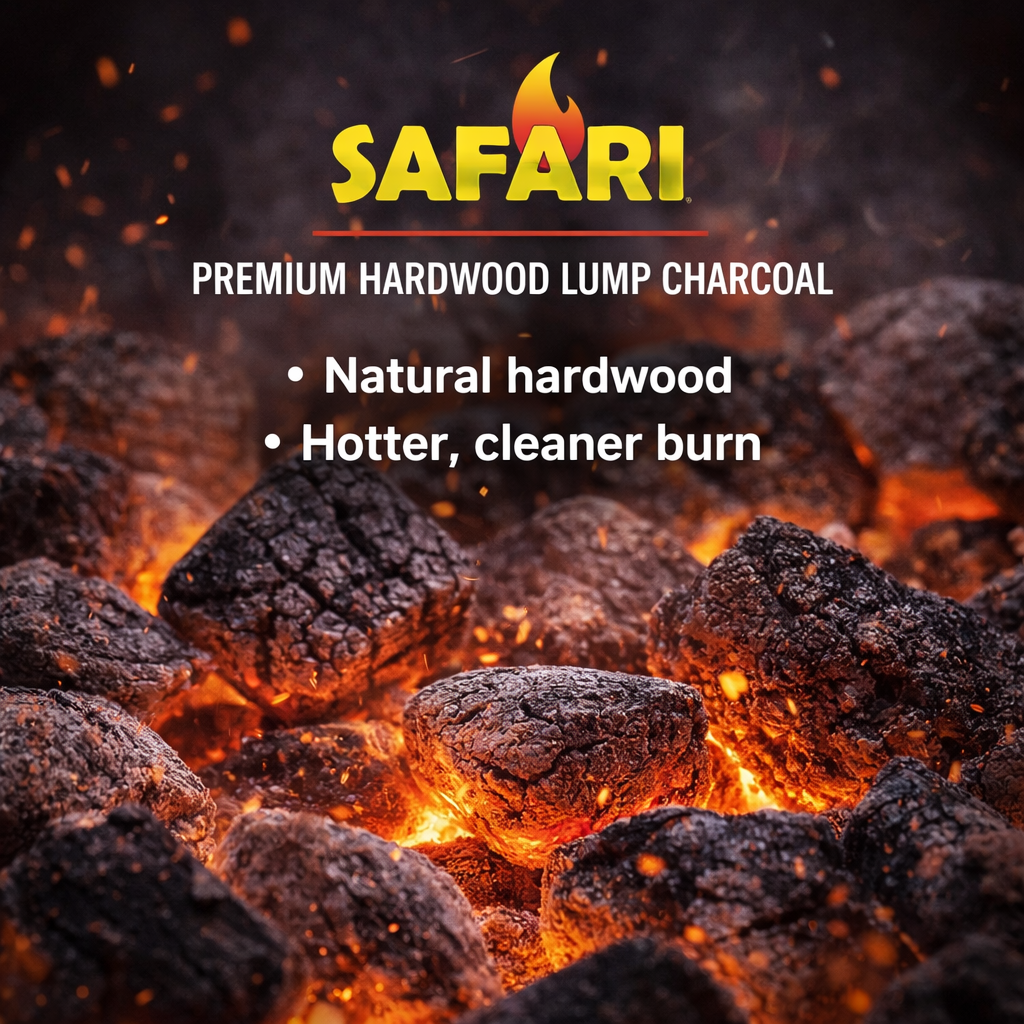 Safari Charcoal bundle with 48 lump charcoal and 28 wood briquettes bags for versatile braai grilling