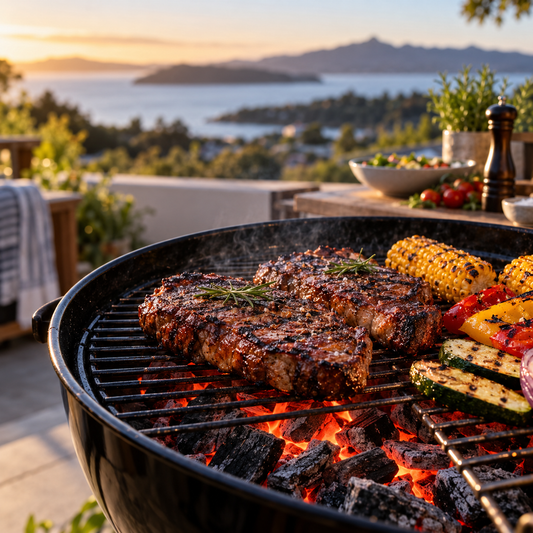 Steaks and vegetables cooking over glowing charcoal in a kettle grill at sunset in New Zealand