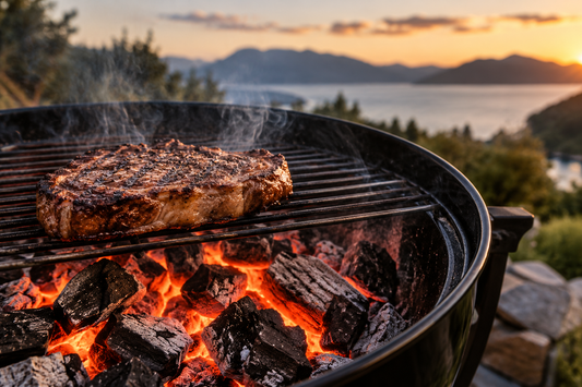 Steak cooking over glowing hardwood lump charcoal on a kettle braai