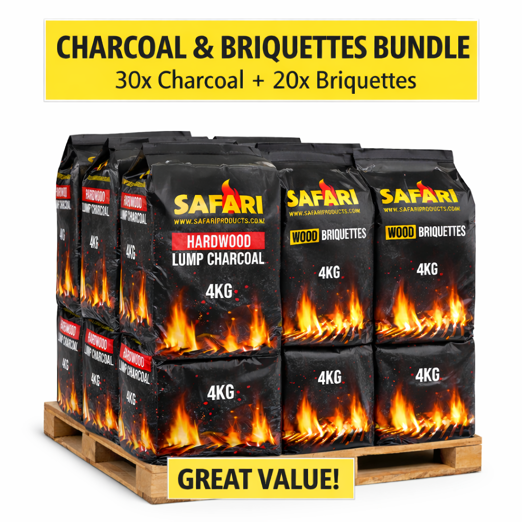 Safari bundle offering 30 bags lump charcoal and 20 bags wood briquettes for grilling and braai charcoal needs