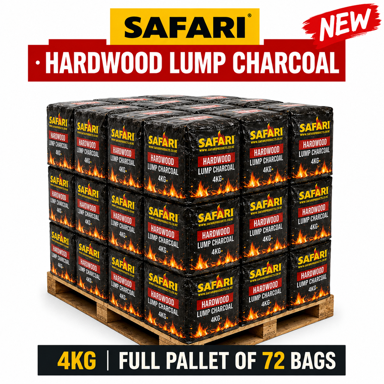 Full pallet of 72 bags Safari Hardwood Lump Charcoal 4kg