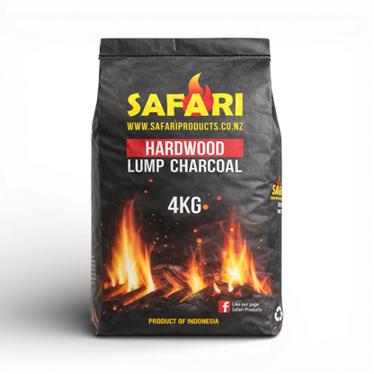 Safari Hardwood Lump Charcoal 4kg bags stacked on pallet for braai and BBQ grilling