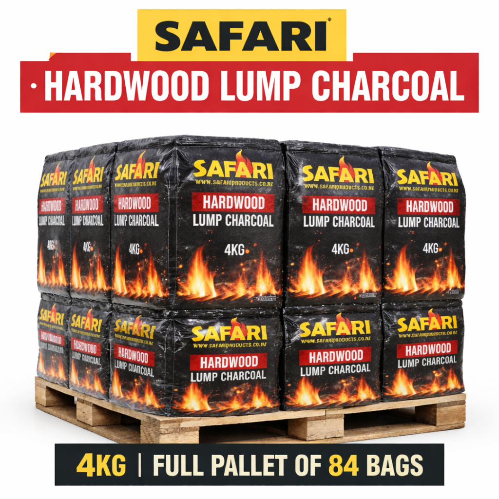 Full pallet of 84 bags Safari Hardwood Lump Charcoal 4kg for outdoor BBQ and braai cooking