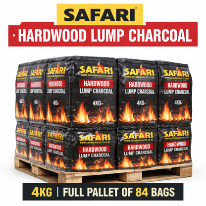 Full pallet of 84 bags Safari Hardwood Lump Charcoal 4kg for outdoor BBQ and braai cooking