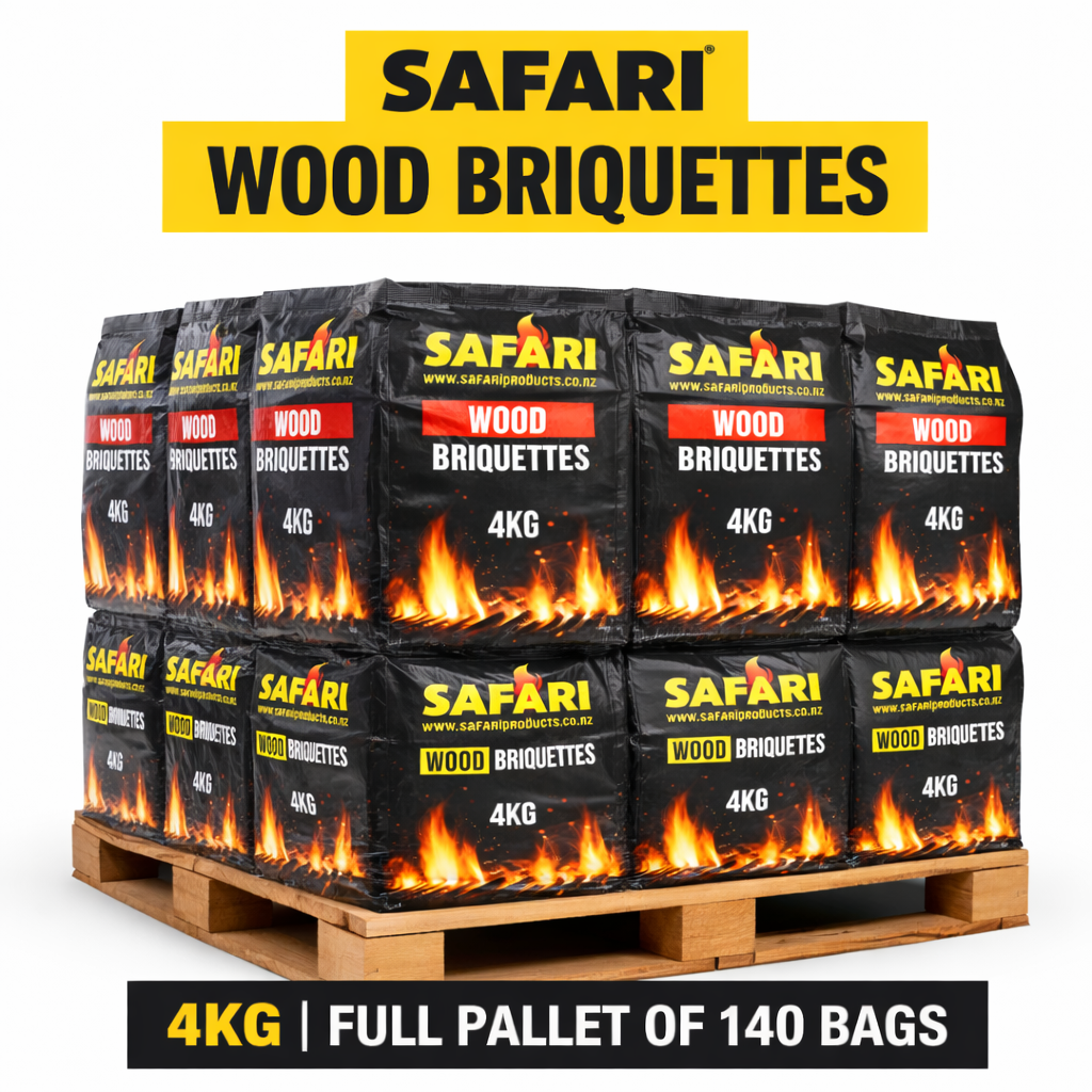 Full pallet of 140 bags of Safari Wood Briquettes 4kg, natural binder, pillow-shaped charcoal briquettes for slow cooking and smoking