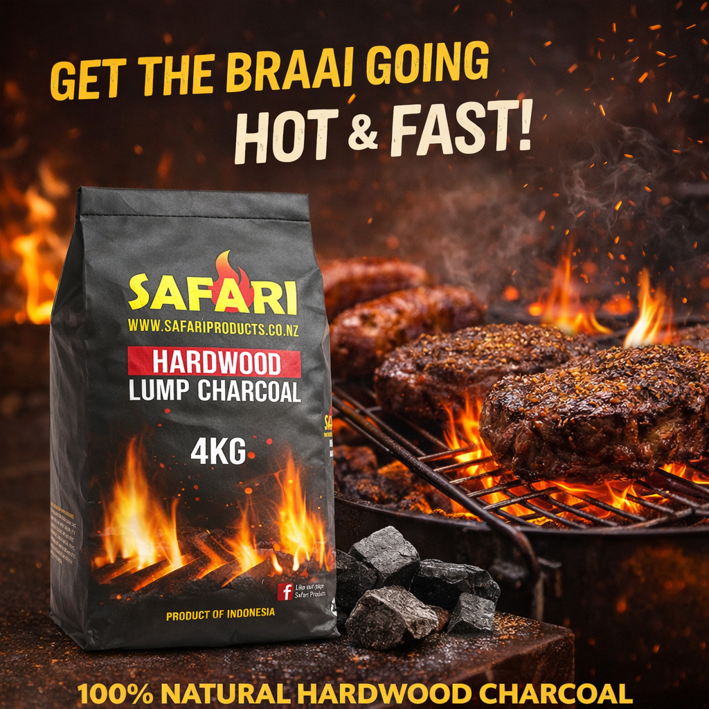 Safari Hardwood Lump Charcoal 4kg bags stacked on a pallet for retail sale