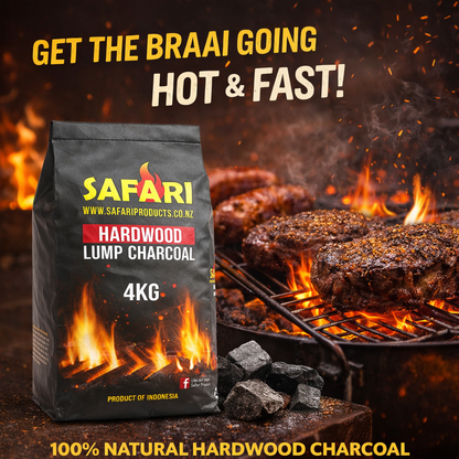 Safari Hardwood Lump Charcoal 4kg bags stacked on a pallet for retail sale