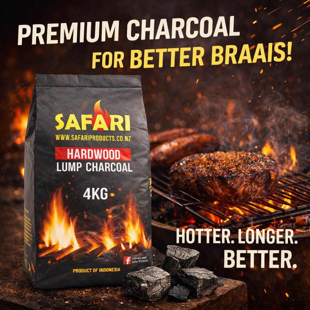Safari Hardwood Lump Charcoal 4kg bags stacked on a pallet for bulk retail sale