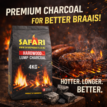 Safari Hardwood Lump Charcoal 4kg bags stacked on a pallet for bulk retail sale