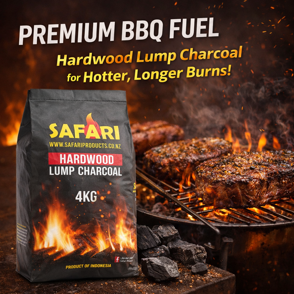 Safari Hardwood Lump Charcoal 4kg retail bags stacked on pallet for braai and BBQ Fuel