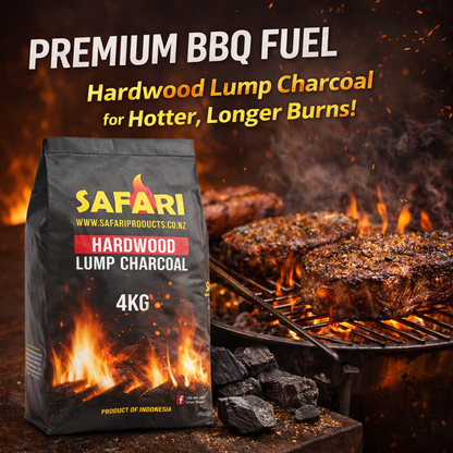 Safari Hardwood Lump Charcoal 4kg retail bags stacked on pallet for braai and BBQ Fuel