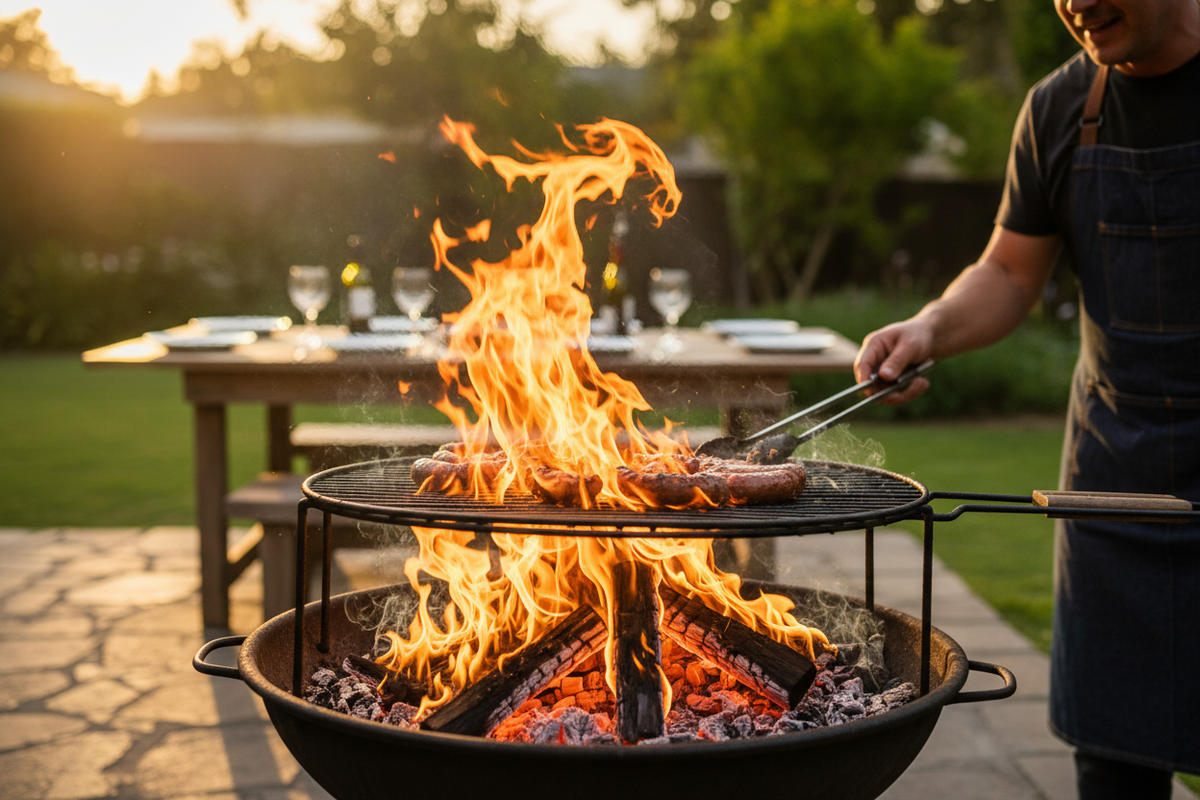 Person grilling over an open fire pit in a backyard setting with Safari Charcoal