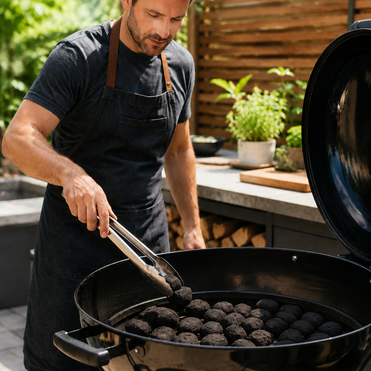 Outdoor cook arranging charcoal briquettes inside the lower bowl of a kettle barbecue