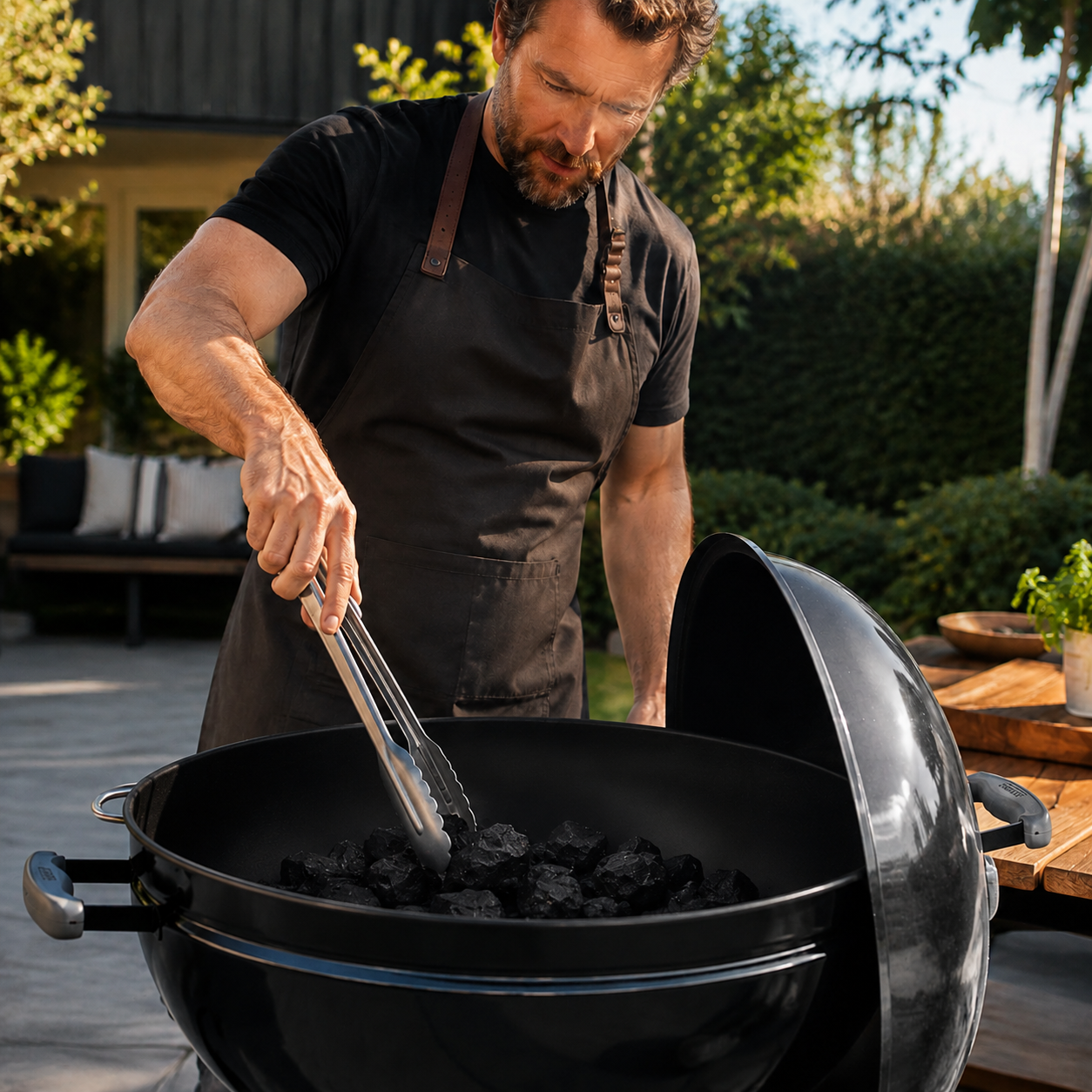 Outdoor cook arranging lump charcoal inside the lower bowl of a kettle barbecue